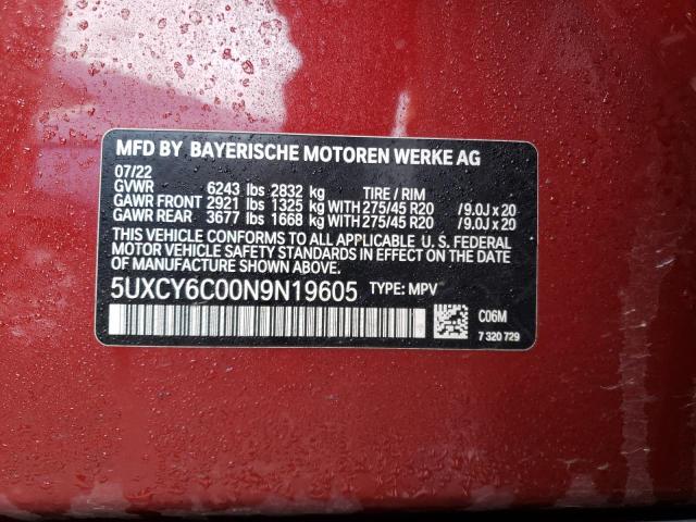5UXCY6C00N9N19605 - 2022 BMW X6 XDRIVE40I BURGUNDY photo 13