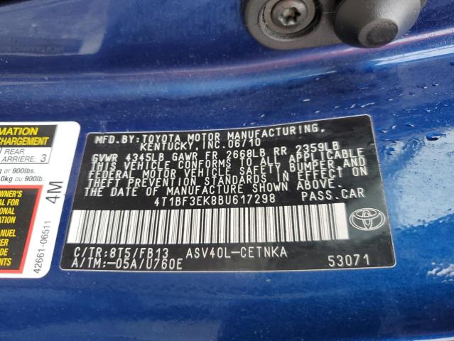 4T1BF3EK8BU617298 - 2011 TOYOTA CAMRY BASE BLUE photo 12