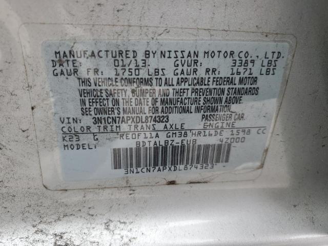 3N1CN7APXDL874323 - 2013 NISSAN VERSA S SILVER photo 12