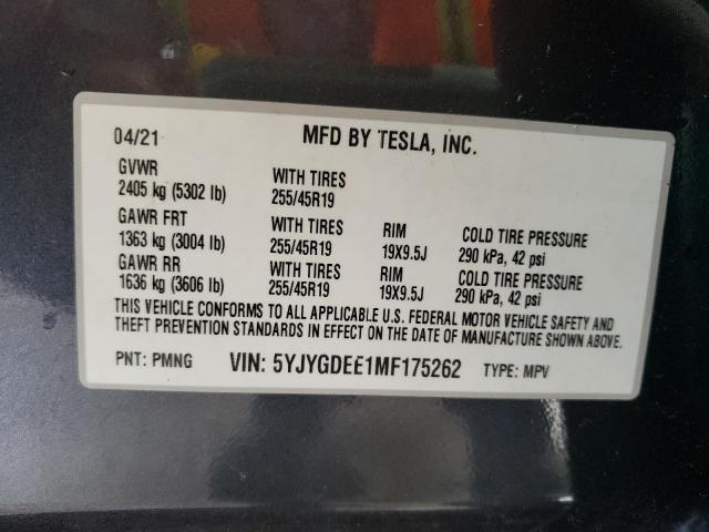 5YJYGDEE1MF175262 - 2021 TESLA MODEL Y GRAY photo 10