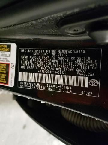 4T1BK3DB2CU463170 - 2012 TOYOTA AVALON BASE 黑色 照片 12