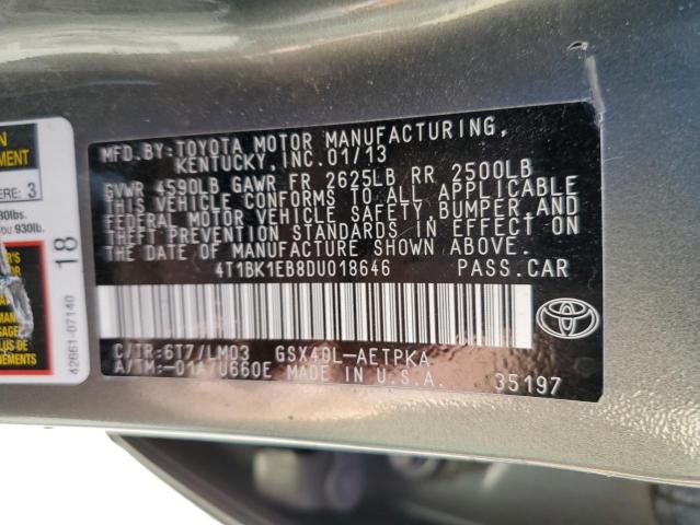 4T1BK1EB8DU018646 - 2013 TOYOTA AVALON BASE 灰色 照片 12