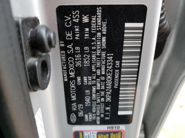 3KPA24AB0KE243341 - 2019 KIA RIO S SILVER photo 12