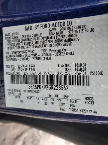 3FA6P0K92GR223562 - 2016 FORD FUSION TITANIUM BLUE photo 12