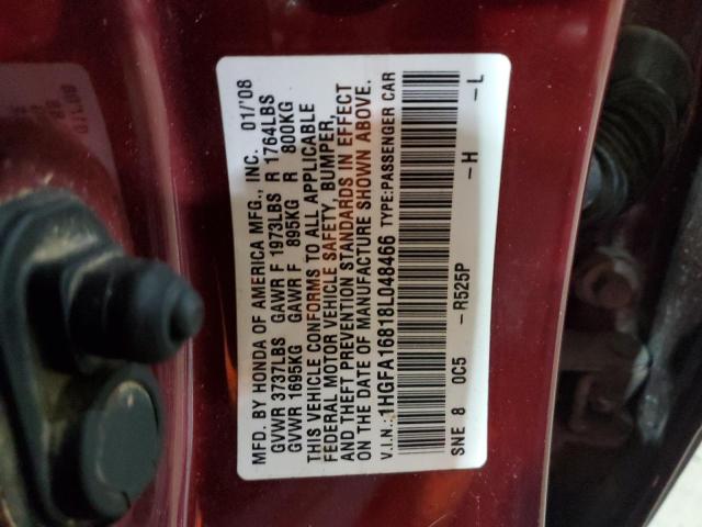 1HGFA16818L048466 - 2008 HONDA CIVIC EX RED photo 12