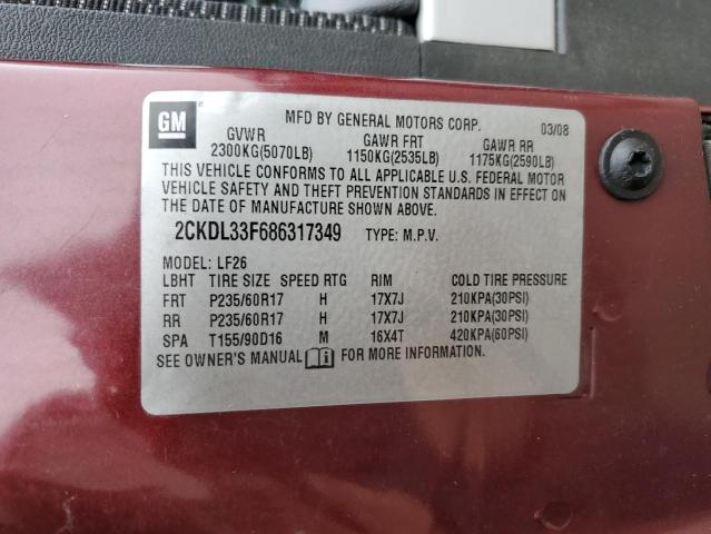 2CKDL33F686317349 - 2008 PONTIAC TORRENT BURGUNDY photo 12