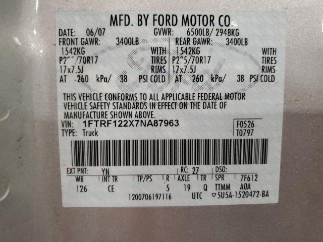 1FTRF122X7NA87963 - 2007 FORD F150 SILVER photo 12