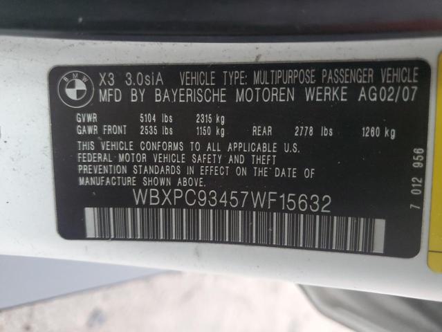 WBXPC93457WF15632 - 2007 BMW X3 3.0SI WHITE photo 14