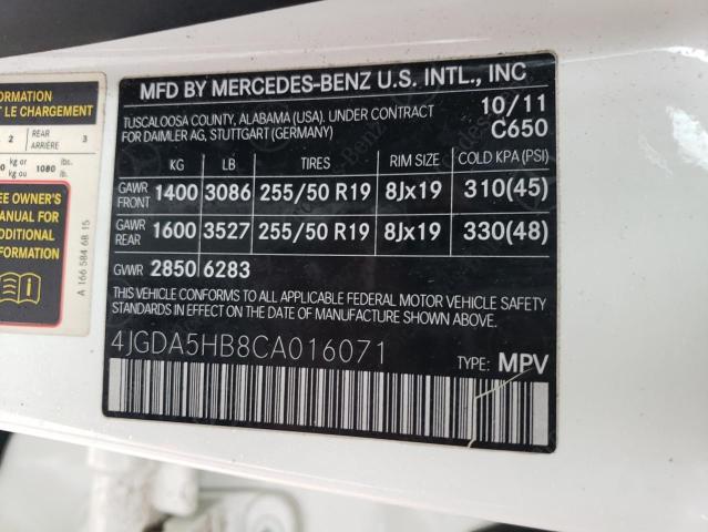 4JGDA5HB8CA016071 - 2012 MERCEDES-BENZ ML 350 4MATIC WHITE photo 14