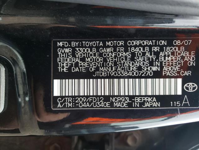 JTDBT903384007270 - 2008 TOYOTA YARIS BLACK photo 12