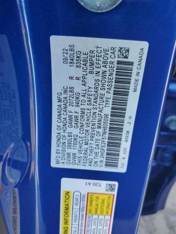 2HGFE2F57NH605096 - 2022 HONDA CIVIC SPORT BLUE photo 12