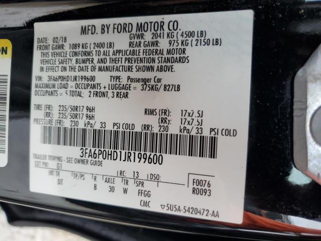 3FA6P0HD1JR199600 - 2018 FORD FUSION SE BLACK photo 12