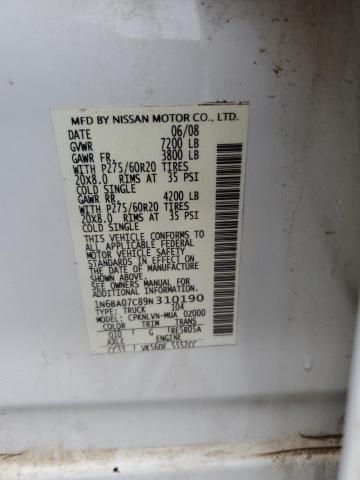 1N6BA07C89N310190 - 2009 NISSAN TITAN XE WHITE photo 12