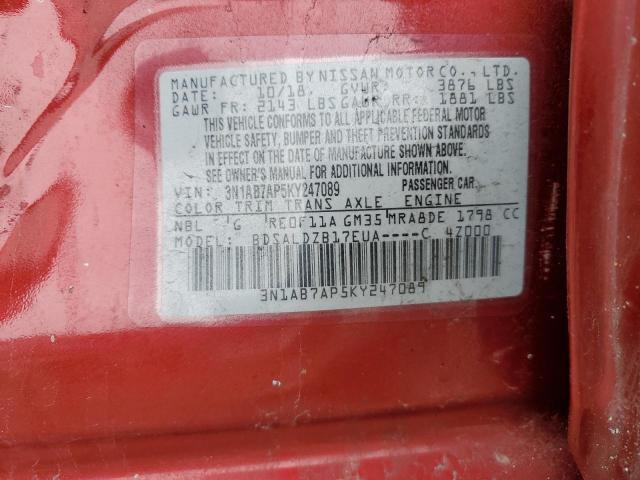 3N1AB7AP5KY247089 - 2019 NISSAN SENTRA S RED photo 12