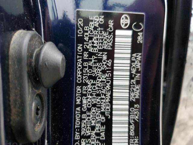 JTDEPMAE9MJ151146 - 2021 TOYOTA COROLLA LE BLUE photo 12