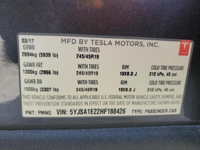 5YJSA1E22HF188426 - 2017 TESLA MODEL S ნაცრისფერი ფოტო 12