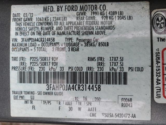 3FAHP0JA4CR314458 - 2012 FORD FUSION SEL GRAY photo 13