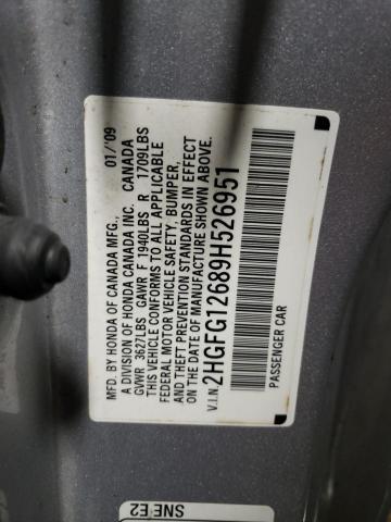 2HGFG12689H526951 - 2009 HONDA CIVIC LX SILVER photo 12