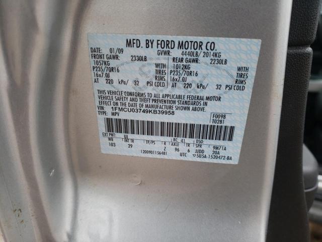 1FMCU03749KB39958 - 2009 FORD ESCAPE XLT SILVER photo 12