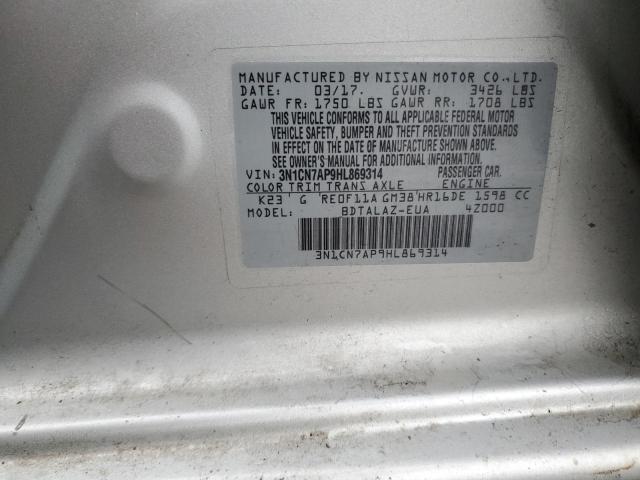 3N1CN7AP9HL869314 - 2017 NISSAN VERSA S SILVER photo 12