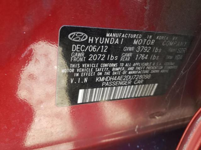 KMHDH4AE2DU728098 - 2013 HYUNDAI ELANTRA GLS RED photo 12