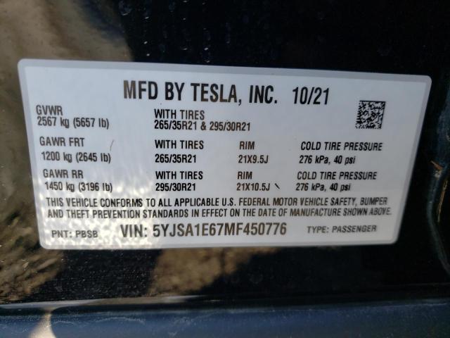 5YJSA1E67MF450776 - 2021 TESLA MODEL S Սև լուսանկար 12