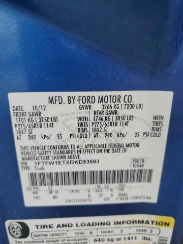 1FTFW1ETXDKD53583 - 2013 FORD F150 SUPERCREW BLUE photo 12