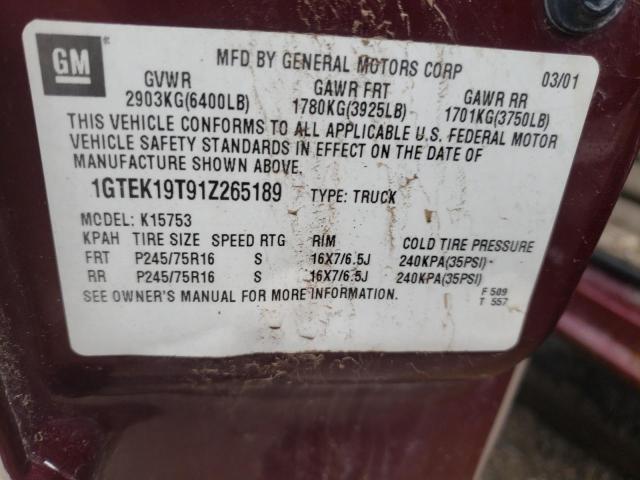 1GTEK19T91Z265189 - 2001 GMC NEW SIERRA K1500 MAROON photo 12