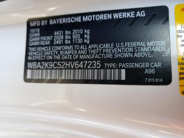 WBA2K9C52HV647235 - 2017 BMW 230I WHITE photo 13