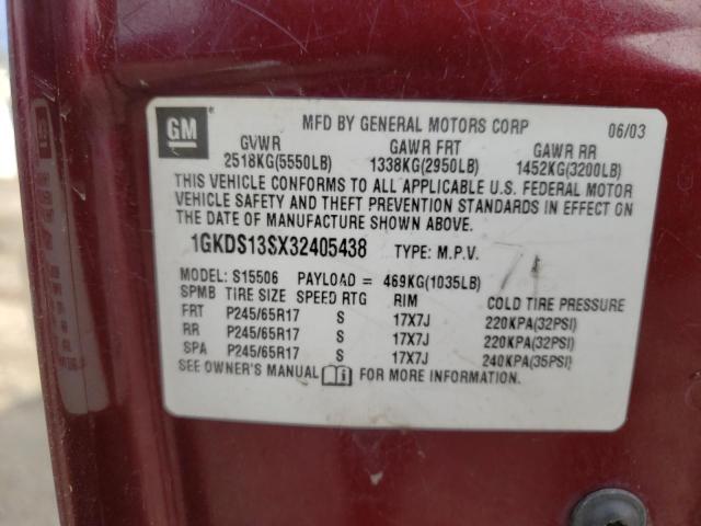 1GKDS13SX32405438 - 2003 GMC ENVOY BURGUNDY photo 13