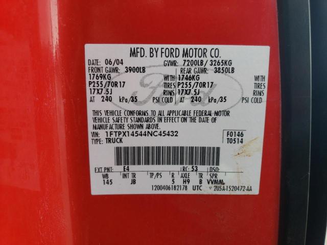 1FTPX14544NC45432 - 2004 FORD F150 RED photo 13