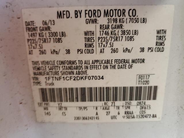 1FTNF1CF2DKF07034 - 2013 FORD F150 WHITE photo 12