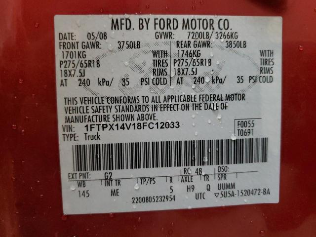 1FTPX14V18FC12033 - 2008 FORD F150 RED photo 12