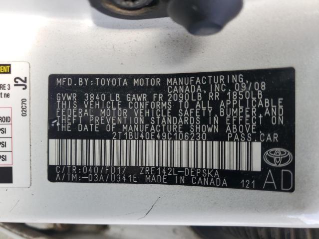 2T1BU40E49C106230 - 2009 TOYOTA COROLLA BASE WHITE photo 12