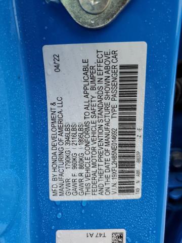 19XFL2H85NE014692 - 2022 HONDA CIVIC SPORT 蓝色 照片 12