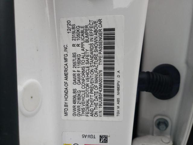 19UUB5F43MA007576 - 2021 ACURA TLX TECHNOLOGY 白色 照片 12