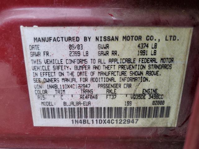 1N4BL11DX4C122947 - 2004 NISSAN ALTIMA SE RED photo 12