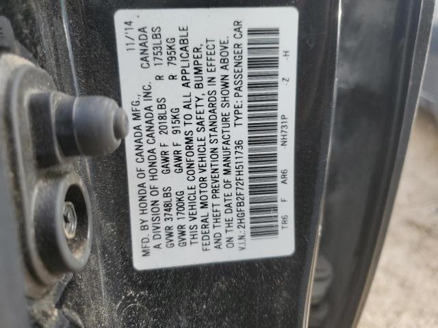 2HGFB2F72FH511736 - 2015 HONDA CIVIC SE BLACK photo 13