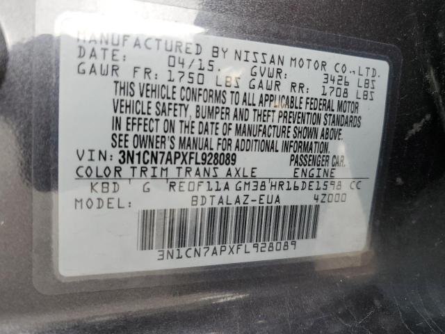 3N1CN7APXFL928089 - 2015 NISSAN VERSA S GRAY photo 12