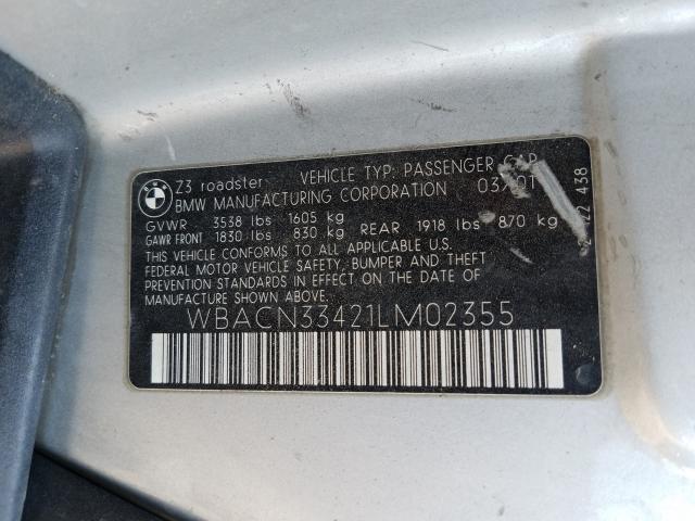 WBACN33421LM02355 - 2001 BMW Z3 2.5 BLUE photo 10