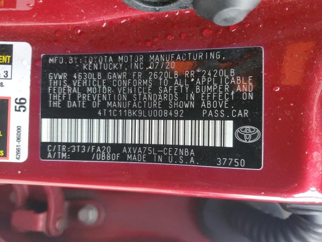 4T1C11BK9LU008492 - 2020 TOYOTA CAMRY LE RED photo 12