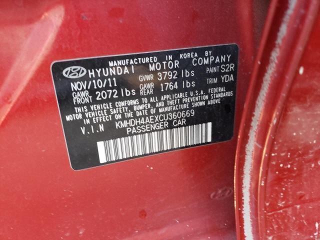 KMHDH4AEXCU360669 - 2012 HYUNDAI ELANTRA GLS RED photo 12