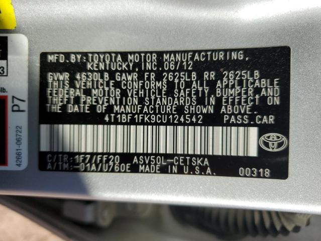 4T1BF1FK9CU124542 - 2012 TOYOTA CAMRY BASE SILVER photo 12