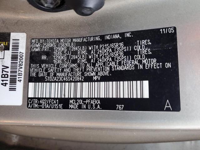 5TDZA23C46S420842 - 2006 TOYOTA SIENNA CE GOLD photo 12