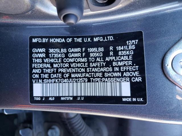 SHHFK7G40JU212579 - 2018 HONDA CIVIC SPORT 银色 照片 12