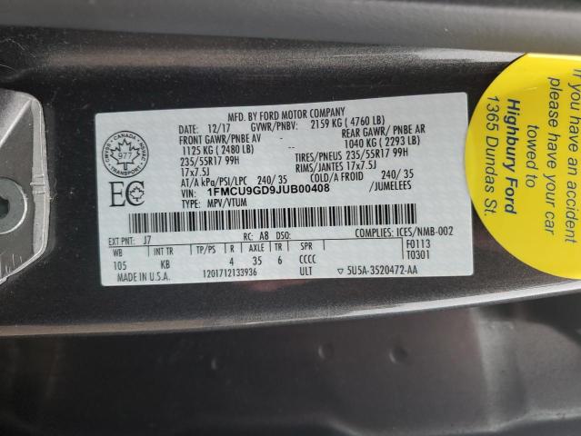 1FMCU9GD9JUB00408 - 2018 FORD ESCAPE SE GRAY photo 13