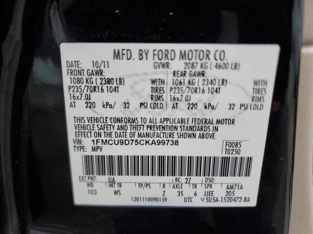 1FMCU9D75CKA99738 - 2012 FORD ESCAPE XLT BLACK photo 13