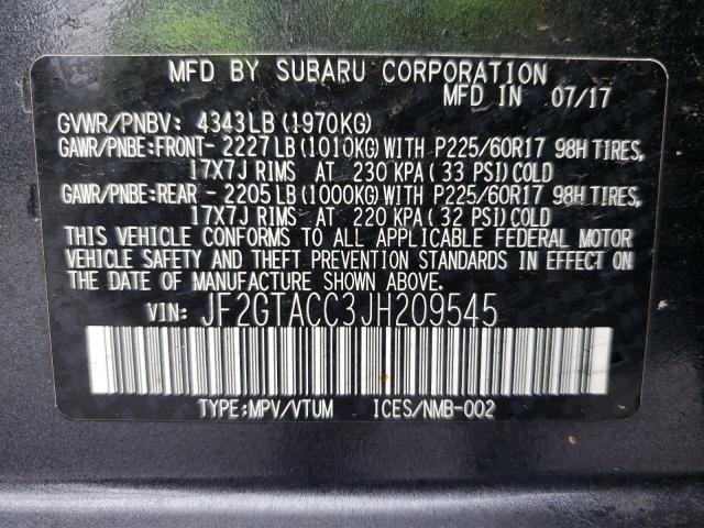 JF2GTACC3JH209545 - 2018 SUBARU CROSSTREK PREMIUM GRAY photo 12