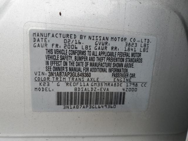 3N1AB7AP3GL649360 - 2016 NISSAN SENTRA S SILVER photo 12