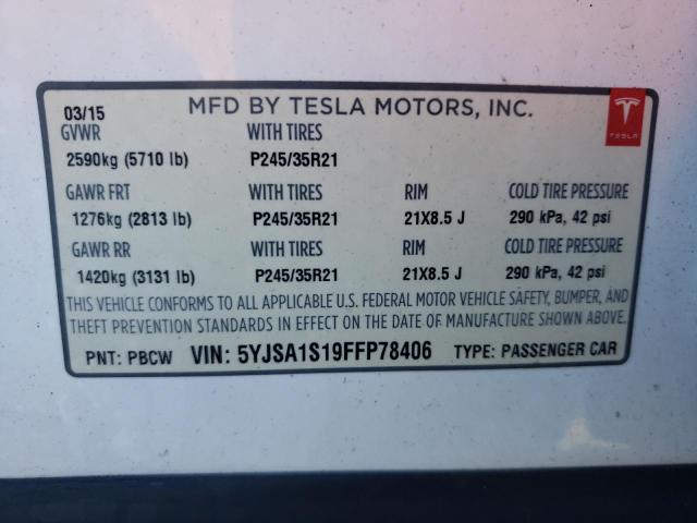 5YJSA1S19FFP78406 - 2015 TESLA MODEL S 70 WHITE photo 12